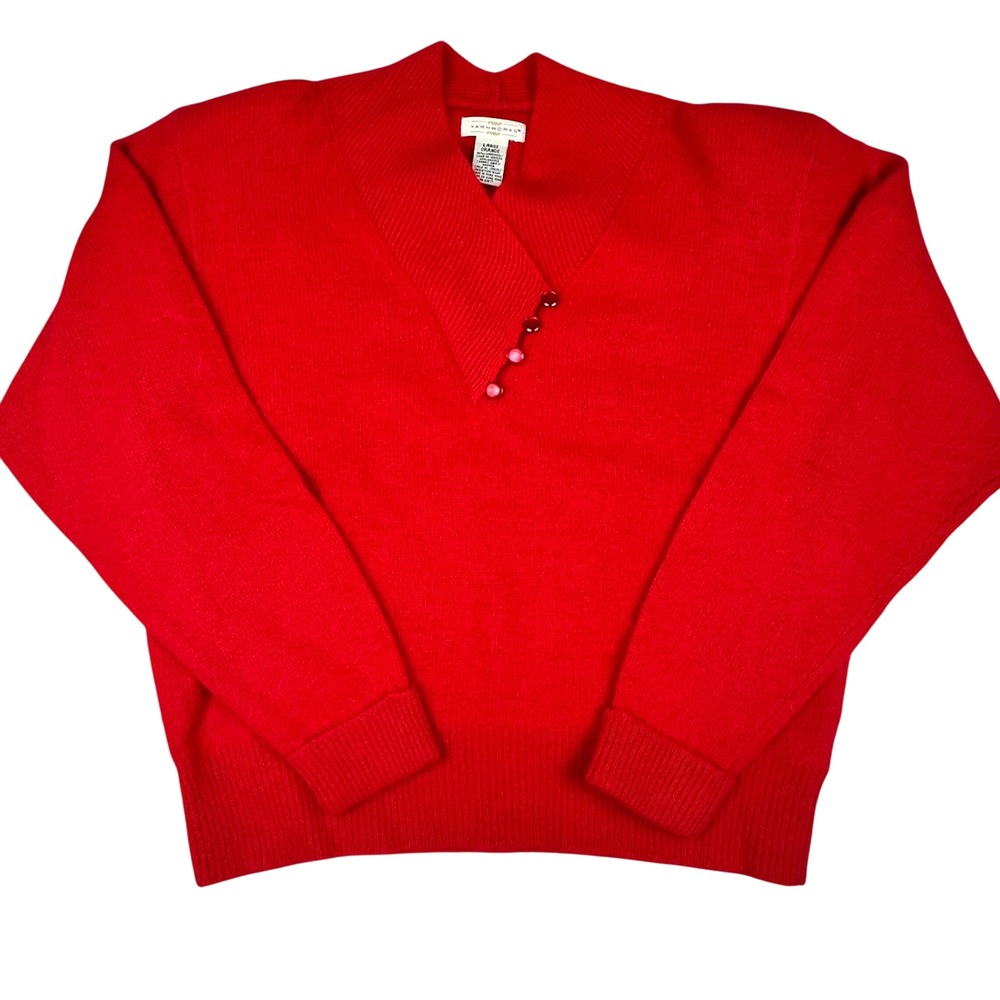 Yarnworks Red V‎ Neck Button Accent Sweater Women's Large Lambswool Angora Blend